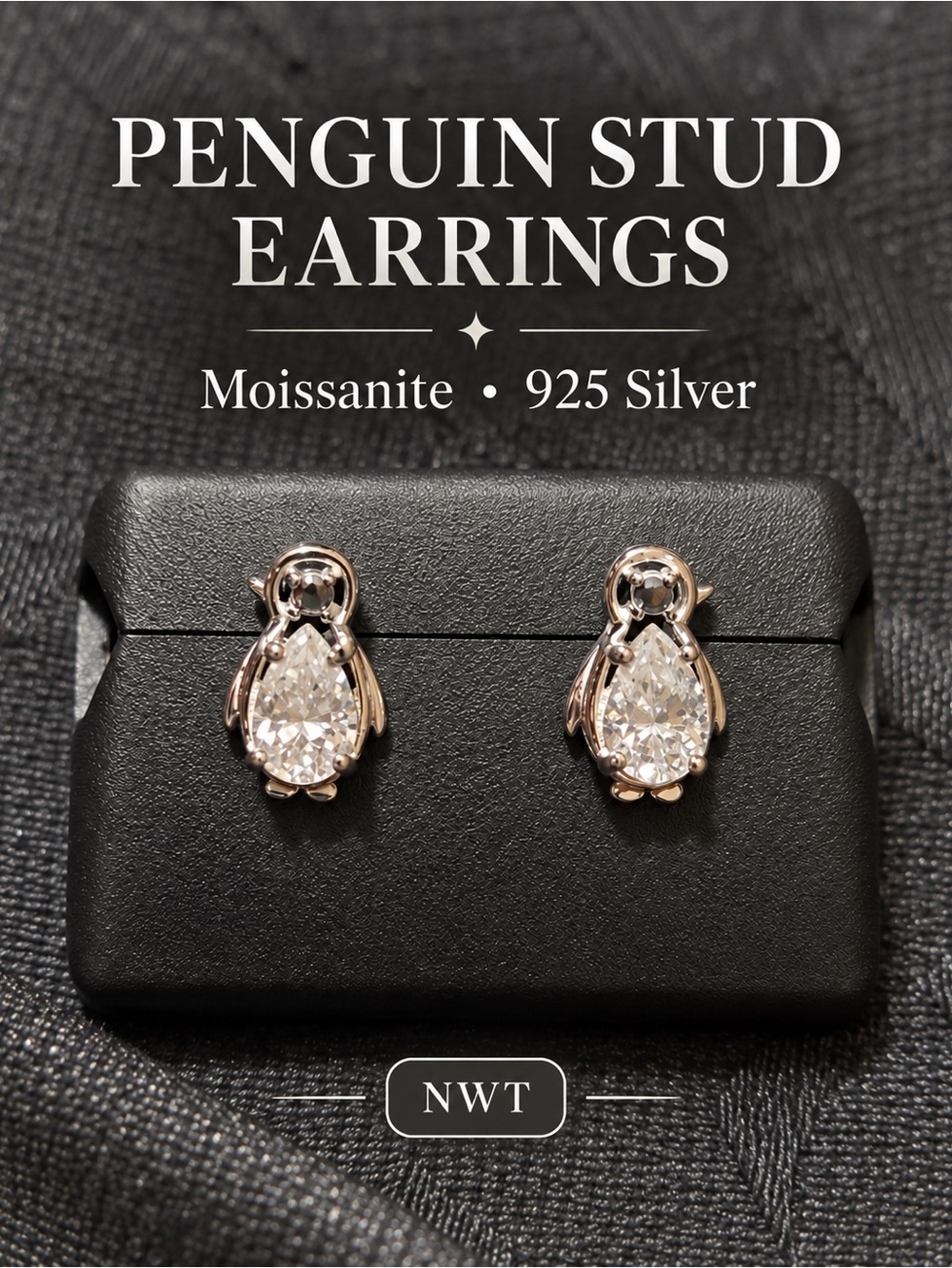 Penguin NWT Stud Earrings 925 Silver with Moissanite 1ct
